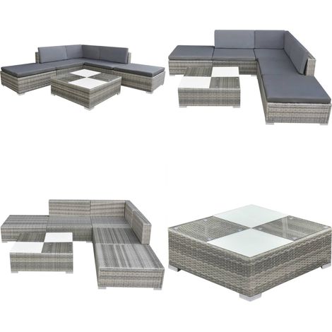 6-tlg. Garten-Lounge-Set mit Auflagen Poly Rattan Grau - Gartenmöbeln - Loungemöbel - Rattanmöbel - Outdoormöbel - Esszimmergarnitur - Home & Living (1/5)