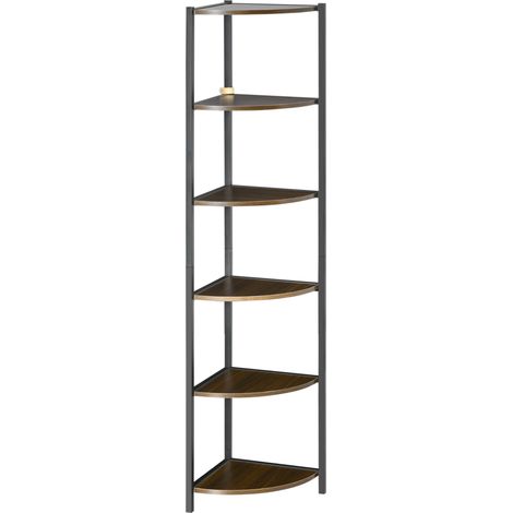 Librería esquinera moderna con 6 baldas de metal y MDF, 34x34x166cm, marrón y negro. (1/5)