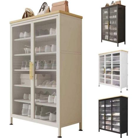Armario para zapatos - SEVEN COMFORT - Blanco crema - Puertas de vidrio ondulado - Estantes modulares - Tapa imitación madera (1/5)