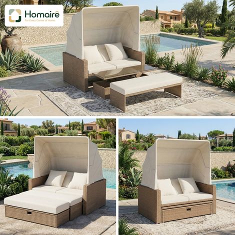 HOMAIRE Polyrattan Gartenmöbel für 2-4 Personen mit Gartensofa, Loungesofa, verstellbarem Couchtisch, abnehmbarer Markise, PE-Rattan, Schwamm in Khaki