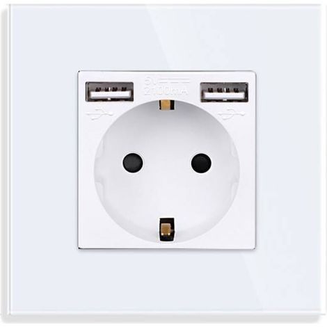 Base enchufe EU 16A + cargador rápido USB A+A,  KOOB frontal cristal blanco (1/4)