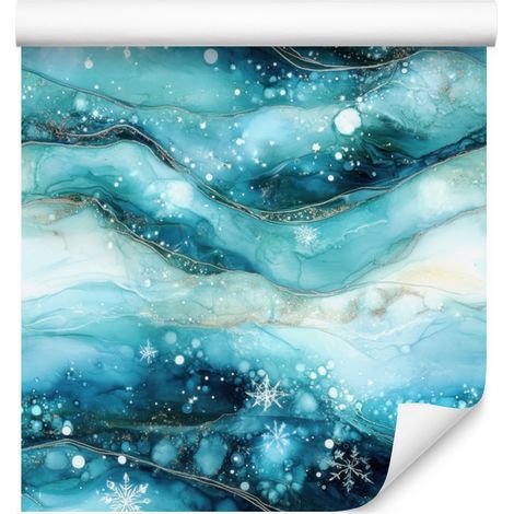 Papier peint encre turquoise, céladon et blanc pour salon et chambre 50x1000 cm (1/5)