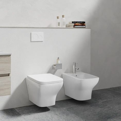 Coppia di Sanitari Sospesi Rimless in Ceramica Bianca con Vaso, Bidet e Copriwc Soft-close Mod. Havana (1/5)