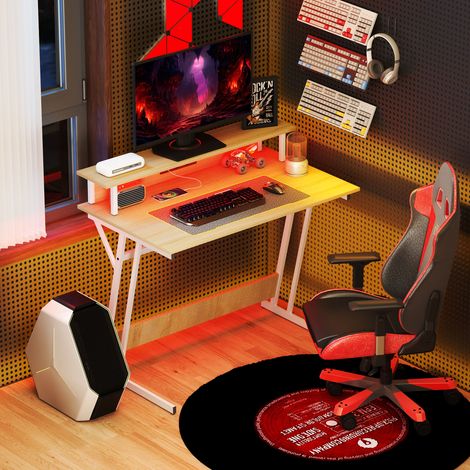 Gaming-Schreibtisch mit LED-Beleuchtung, 100 x 60 cm, Netzteil, Monitorständer, Ablagen und Fernbedienung, Natur