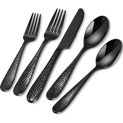 Besteck 6tlg Edelstahl Messer Löffel 30 Teiliges Schwarz runder Griff (1/5)