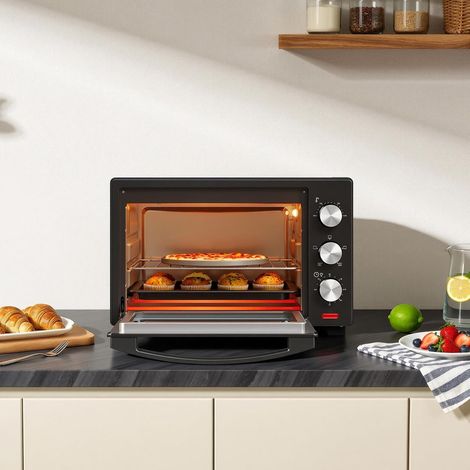 WOLTU Horno de Electrico Sobremesa 28L 1600 W Horno Tostador con Bandeja y Rejilla Mini Horno de Control con Puerta de Doble Cristal Temperatura 100-230℃ Temporizador 0-60 Minutos Negro