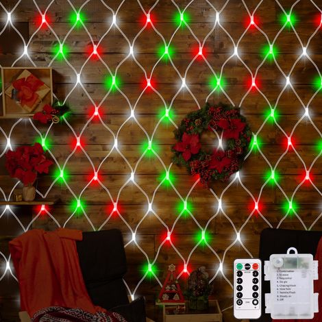 Filet lumineux de Noël rouge, blanc et vert, 1,5 m x 1,5 m, 100 LED, avec télécommande, 8 modes, étanche, en maille, pour buisson, jardin, clôture, mur, fête, décoration de mariage (1/5)
