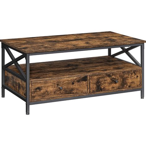 Mesa de centro mesa de salón aparador bajo con 2 cajones y un compartimento abierto estructura de acero en forma de x 100 x 55 x 45 cm estilo industrial marrón rústico y negro 120002941