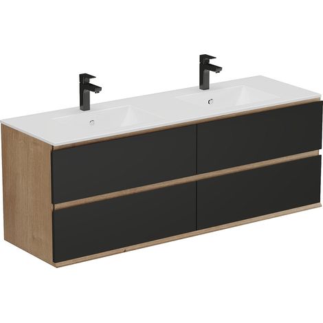 Mobile per bagno sospeso con lavabo da incasso 150 cm Naturale chiaro e Nero - SABURI (1/5)