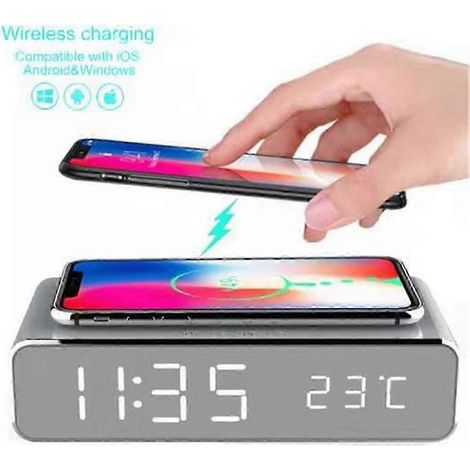 Réveil chargeur sans fil pour téléphone portable, multifonction avec affichage LED de la température, chargeur sans fil Qi, minuteur de sommeil et fonction snooze (1/5)