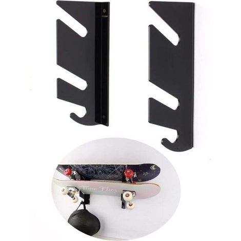 2 supporti da parete per skateboard - Mensola doppia - Con ganci portaoggetti - Per longboard, snowboard, skateboard (1/4)