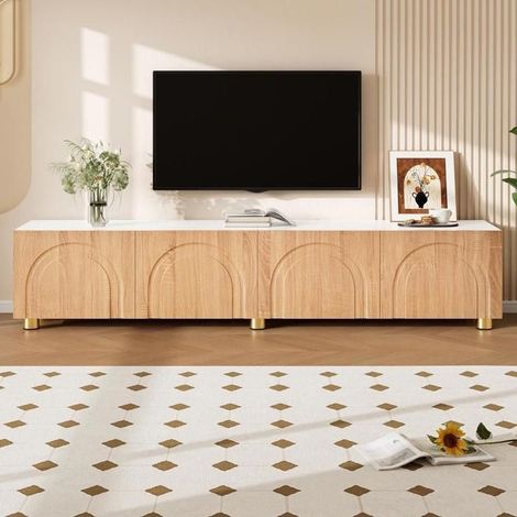 Meuble TV - KOMHTOM - 180 x 35 x 40 cm - 4 portes relief arqué - Rangement fermé - Pieds métal blanc naturel (1/5)
