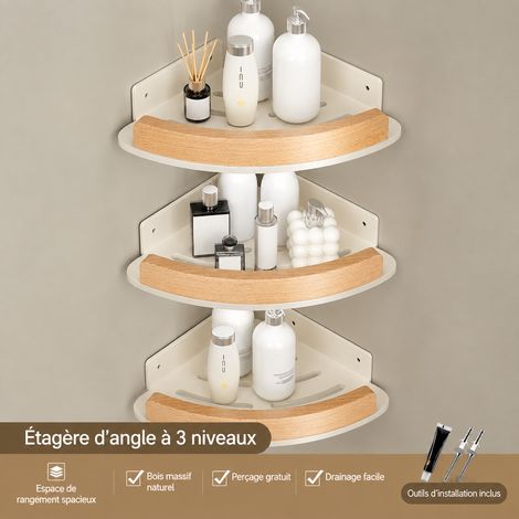 Étagère d'angle murale de salle de bain 3 niveaux modèle à bords arrondis en hêtre de Croatie blanc crème sans perçage 30,5 × 22,5 × 3,5 cm – Livraison gratuite