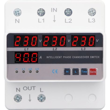 3-phase 220V 40A over/under voltage protection device - 4-digit LED display and automatic DIN rail transfer switch (1/5)