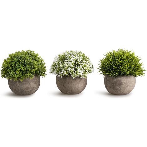 Lot de 3 Mini Plantes artificielles en Plastique avec Herbe Verte fraîche dans Un Pot Gris pour décoration d'intérieur (1/5)