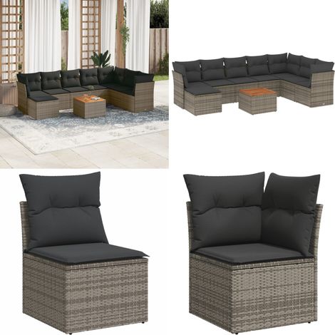 9-tlg. Garten-Sofagarnitur mit Kissen Grau Poly Rattan - Gartenmöbel - Outdoor Möbel - Rattan Gartenmöbel - PE-Rattan - Esstisch Set - Home & Living (1/5)