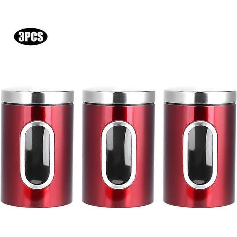 Lot de 3 boîtes de conservation en acier inoxydable, hermétiques, pour thé, sucre et autres aliments (rouge). (1/5)