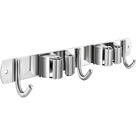 Porte-balai mural inox - 2 emplacements et 3 crochets - Fixation vis ou autocollante - Pour cuisine, salle de bain et garage - 27 cm (1/5)
