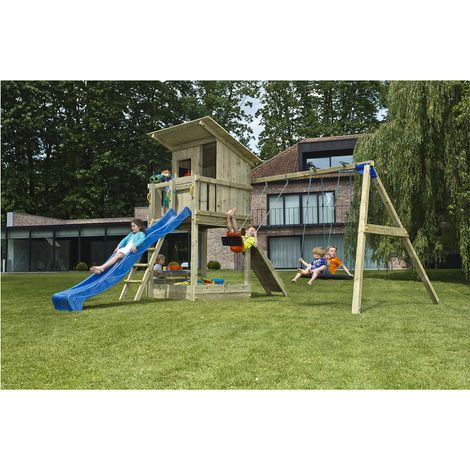 Aire de jeux en bois Beach Hut – Hauteur plateforme 120cm – Toboggan 230cm avec système de ruissellement – 2 balançoires standard – Eden Partenaire Jardin (1/2)