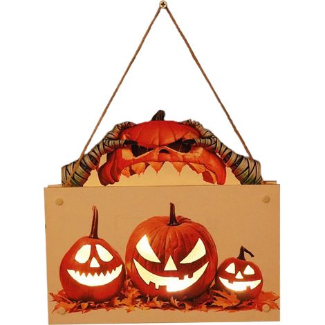 Beleuchtetes Holzschild mit Halloween-Kürbismotiv zum Aufhängen an Wand oder Tür, für die Innen- und Außendekoration von Haus und Garten, ideal für Partys. (1/5)