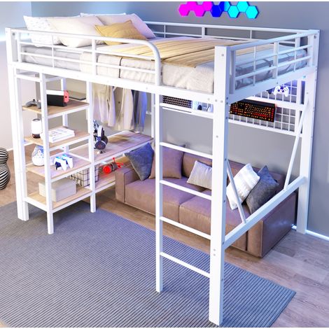 Hochbett, 140 x 200 cm, Eisenrahmen, Ablagefach, Netz zum Aufhängen von Gegenständen, mit Kleiderstange, offener Raum unter dem Bett, mit LED-Lichtleiste, ohne Matratze, Weiß (1/5)