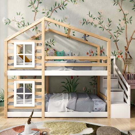 Letto a soppalco 90x200 cm, letto a soppalco matrimoniale, letto a soppalco con scaletta, con contenitore e protezione anticaduta, pino massello + MDF, bianco (1/4)