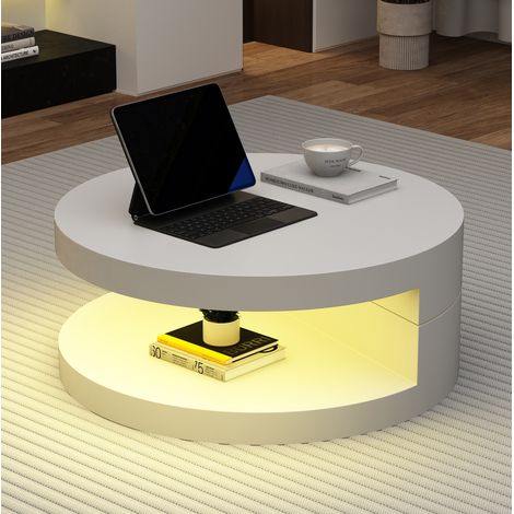 Table basse rotative 70 x 70 x 35,5 cm avec LED, 360° et double niveau, blanche HAVRYA (1/5)