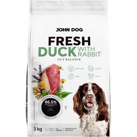 Croquettes pour chien adulte John Dog, saveur canard frais et lapin, 3 kg