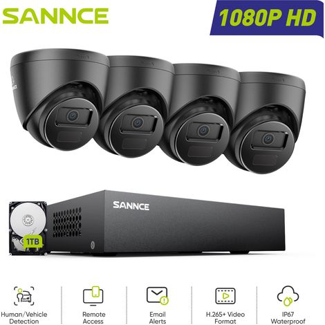 SANNCE 1080P Kit de Videovigilancia Exterior,4 Cámaras Turret 2MP  Visión Nocturna Sistema Cámara de Seguridad Acceso Remoto,1TB (1/5)