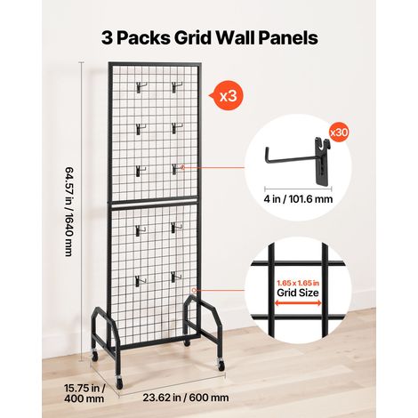 Grille d’Exposition sur Pied 3PCs 60x164 cm, Panneau Grille en Acier Carbone, Présentoir Grillagé Mobile avec Roulettes et 30 Croch… (1/5)
