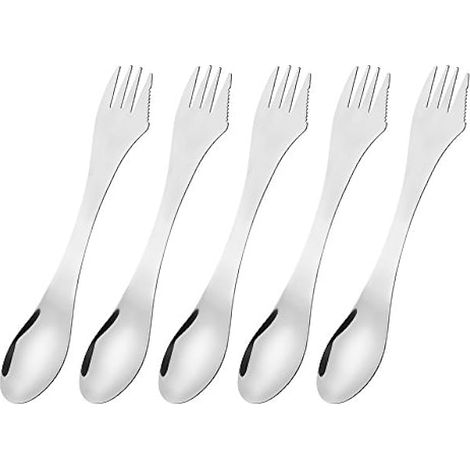 Spork - 3-en-1 Cuillère Fourchette Couteau - En Acier Inoxydable - Pour Randonnée Camping Voyage Bureau - 5 Pièces
