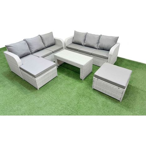 Fimous Outdoor Garden Furniture Sets 8 Seater Wicker Rattan Furniture Sofa Sets with Oblong Coffee Table high Back Lounge Sofa 2 Big Footstool Light Grey (1/4)