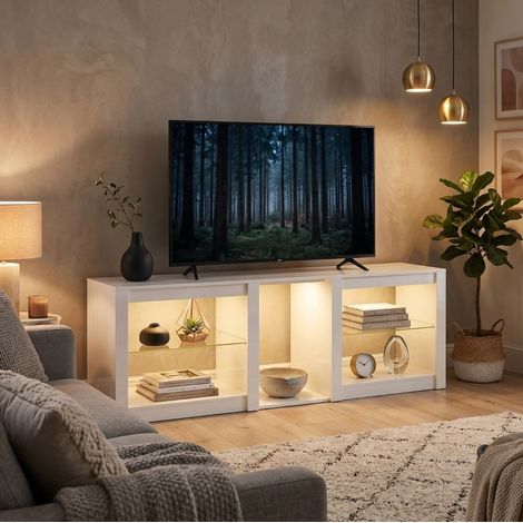 Mueble TV LED RGB (160x35x52 cm), para televisores hasta 75 pulgadas, estantes de vidrio ajustables, madera manufacturada blanca (1/5)