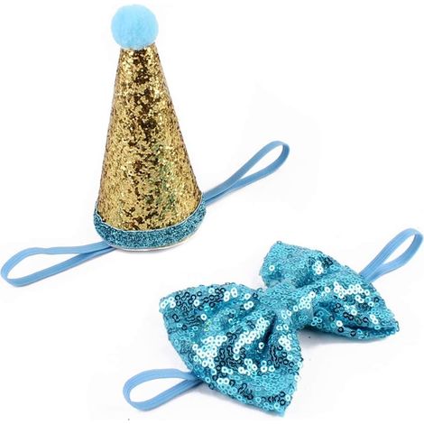 Chapeau d'anniversaire pour animal de compagnie, ensemble comprenant un chapeau à paillettes dorées et un nœud à paillettes bleues, avec cordon et lanière ajustables.