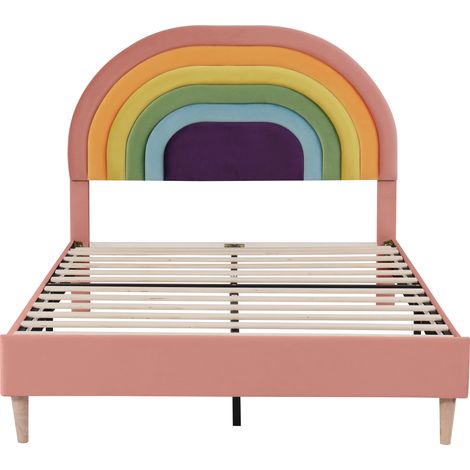 Lit rembourré 140200 avec sommier à lattes et tête de lit, lit pour jeunes, pour adultes et adolescents, support à lattes en bois, montage facile, tête de lit réglable en hauteur, velours, rose (1/5)
