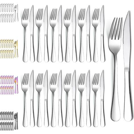 Ensemble de couteaux à steak 24 pièces, acier inoxydable 12 fourchettes à dîner et 12 couteaux à dîner, couteaux à steak fourchettes à steak, lavable au lave-vaisselle (1/5)
