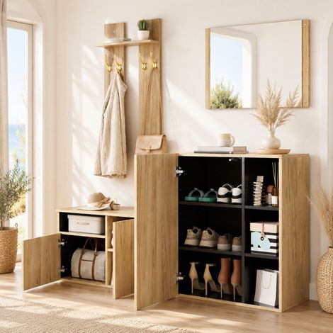 Set ingresso 4 in 1 con scarpiera, panca, specchio e ganci nero/naturale DESVIAE (1/5)