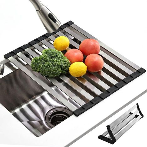 Égouttoir à vaisselle KitchenRaku 40 x 32,5 cm, tapis pliable pour évier de cuisine, en acier inoxydable 304 et silicone, utilisé comme système d’égouttage pour l’évier de cuisine (noir) (1/5)