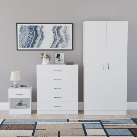 Riano 3 Piece Bedroom Set (1 Drawer Bedside Chest, 5 Drawer Chest, 2 Door Wardrobe) White (1/5)