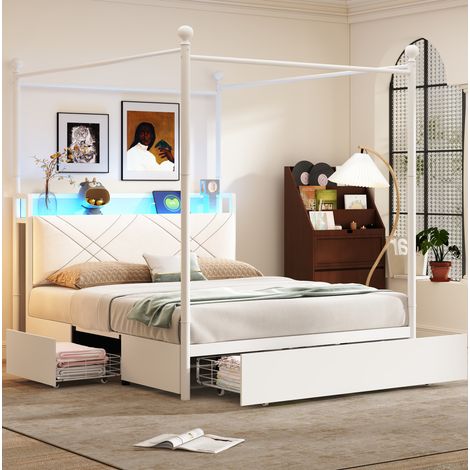Lit adulte 140x190 cm avec tiroirs, baldaquin amovible et ports USB et Type-C, en métal, blanc, sans matelas (1/5)