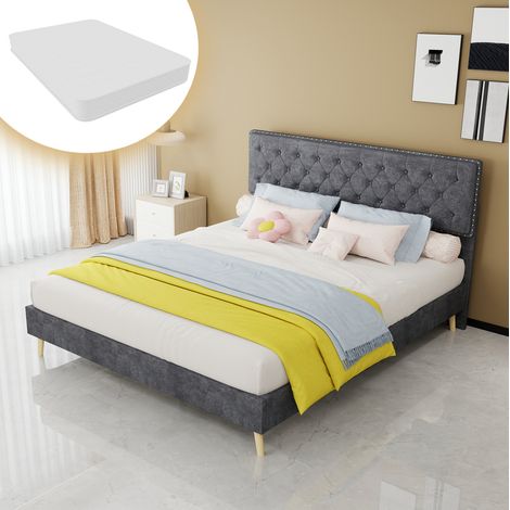 Lit adulte 160x200 cm en tissu gris, gain de place pour chambre, avec matelas FloraGrace (1/5)