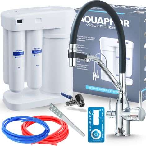 Kit de filtro de agua potable por ósmosis inversa Aquaphor Morion 101S + grifo de cocina magnético de tres vías - Cromo plateado (1/4)