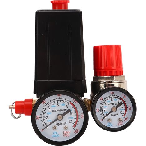 Kit d'accessoires pour compresseur d'air comprenant un support de régulation de pression à quatre voies, un ensemble de pressostat automatique et un connecteur de type européen. (1/5)