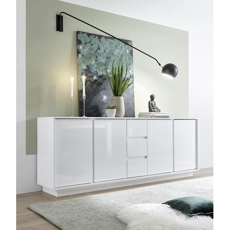 Buffet moderne 210cm 4 portes 3 tiroirs blanc brillant Maine Ice