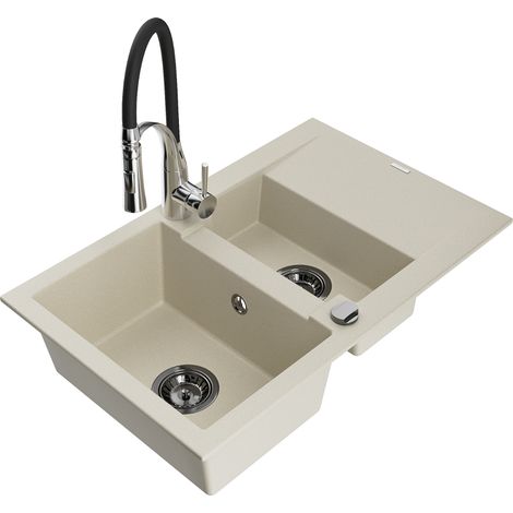 Mexen Gaspar évier en granit 1,5 bac avec égouttoir et robinet Aster, beige - 6507-69-73450-07-B (1/5)