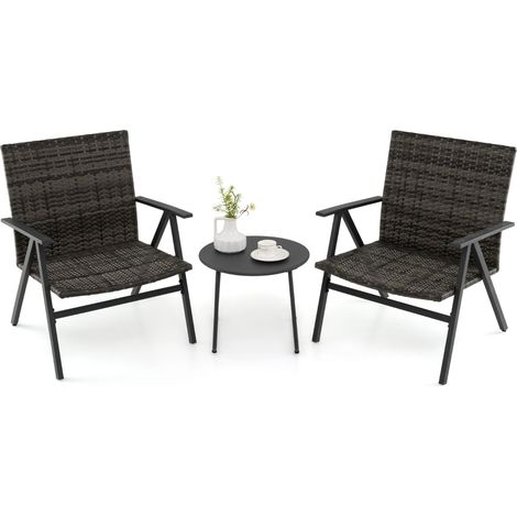 Set bistro 3 pezzi patio schienale seduta rattan set conversazioni tavolino rotondo balcone grigio