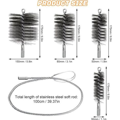 4-teiliges Kaminreinigungsbürsten-Set, flexibles Lüftungsreinigungsset, zur Reinigung von Ofenrohren und zur Rostentfernung, inklusive Bürsten mit 30 mm, 50 mm, 80 mm und 150 mm Durchmesser (1/4)