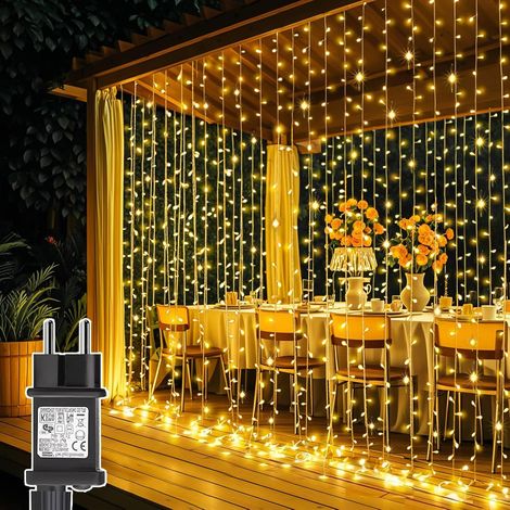 Tenda luminosa natalizia a LED da 3 m x 3 m con trasformatore, timer, 8 modalità, impermeabile per Natale, camera da letto, finestra, matrimonio, decorazioni per esterni e interni [Classe energetica E