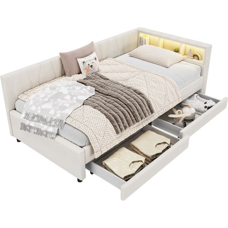 Lit de jour 90x200, banquette, niche, USB Type-C, bandeau LED, lit avec 2 tiroirs, sommier, lin, beige, matelas non inclus, gain de place, pour chambre adulte (1/5)