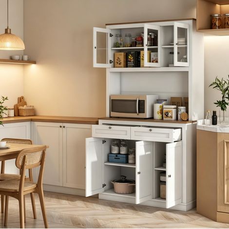 Buffet de cuisine 100/40/180 cm blanc et chêne, avec portes vitrées et tiroirs (1/5)